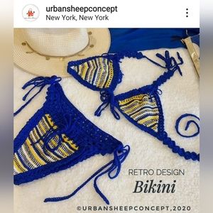 🗽Exclusive Bikini NWT. Retro Style in Royal Blue, Yellow & White Crochet